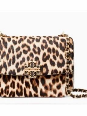 Tory Burch Leopard-Print Chain Strap Crossbody in Brown and Tan